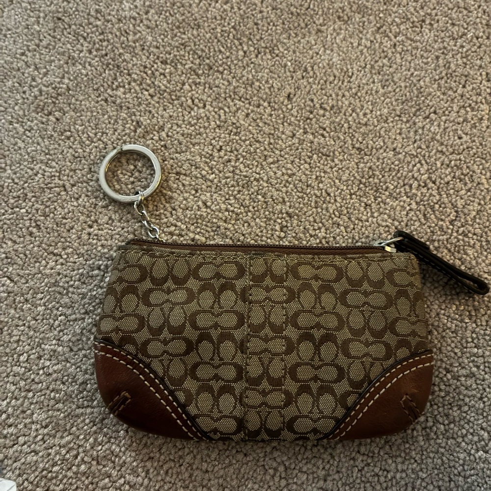 Coach Brown Signature Canvas Wristlet with Leather Trim